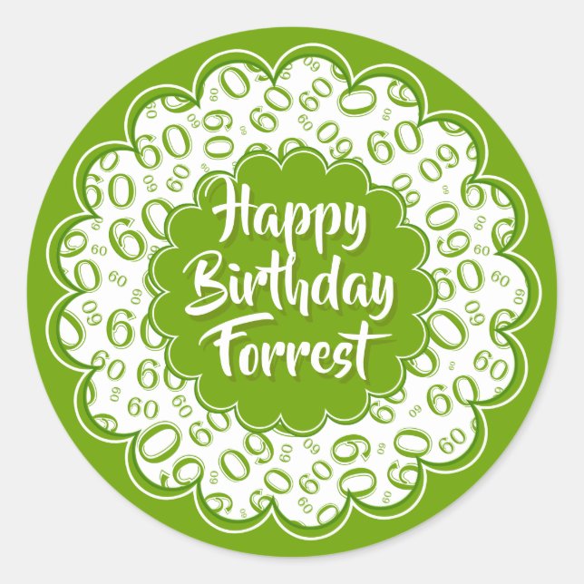 Happy Birthday 60. Nummer Muster Grün und Weiß Runder Aufkleber (Vorderseite)