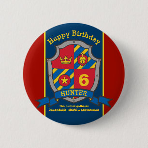 Happy Birthday 6. Rot blaue Ritter Schild Age Butt Button