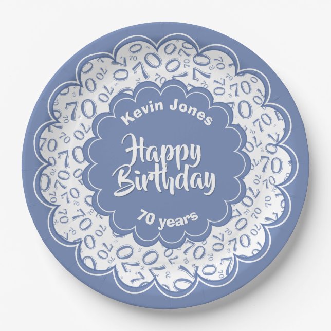 Happy Birthday 70. Blau/Weiß Zahlenmuster Pappteller (Vorderseite)