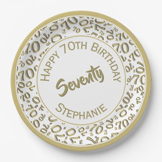 Happy Birthday 70. Gold/White Number Pattern Pappteller (Vorderseite)