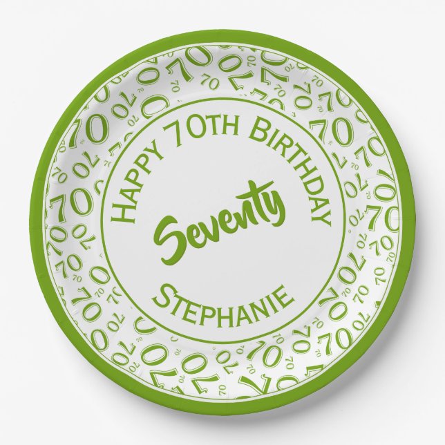 Happy Birthday 70. Green/White Number Pattern Pappteller (Vorderseite)