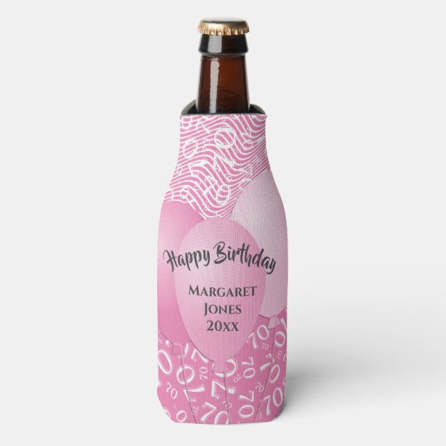 Happy Birthday 70. Number Pattern Pink und Weiß Flaschenkühler (Flaschenvorderseite)