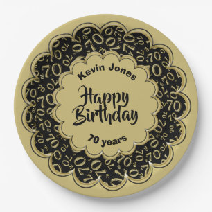 Happy Birthday 70. Schwarz/Gold Zahlenmuster Pappteller