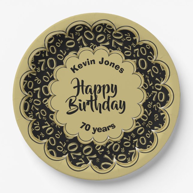 Happy Birthday 70. Schwarz/Gold Zahlenmuster Pappteller (Vorderseite)