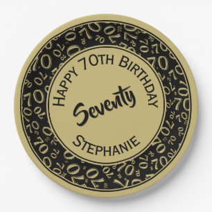 Happy Birthday 70. Schwarz/Gold Zahlenmuster Pappteller