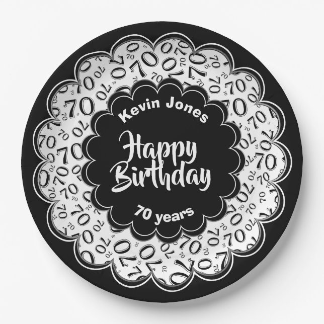 Happy Birthday 70. Schwarz/Weiß Zahlenmuster Pappteller (Vorderseite)