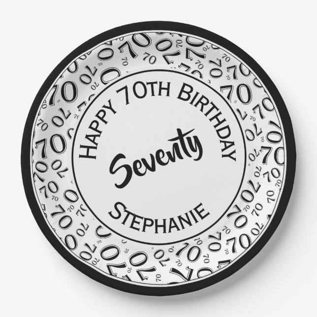 Happy Birthday 70. Schwarz/Weiß Zahlenmuster Pappteller (Vorderseite)