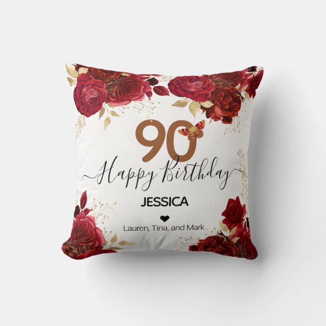 Happy Birthday 90 Floral Rose Personalisiert Throw Kissen (Vorderseite)