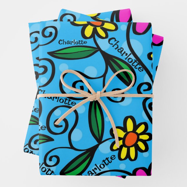 Happy Birthday Add Name Pink & Gelbe Blumen 3 Geschenkpapier Set (Beispiel)