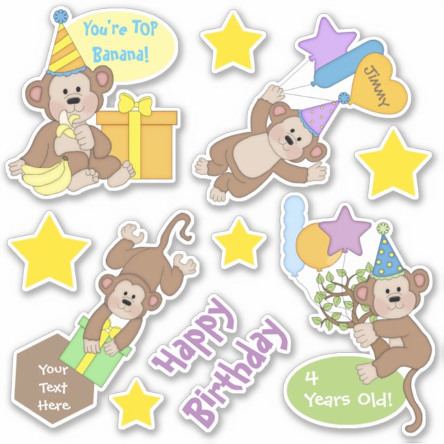 Happy Birthday Affen and Stars Aufkleber (Vorderseite)