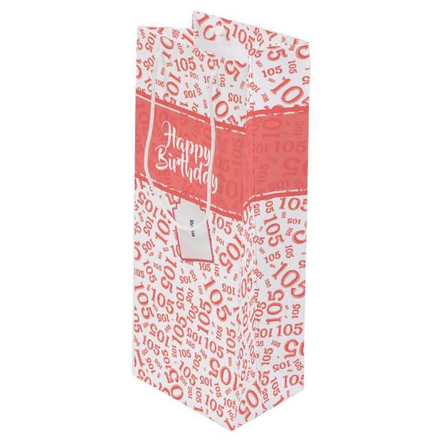 Happy Birthday Age 105 Number Pattern Coral/White Geschenktüte Für Weinflaschen (Vorderseite Schrägansicht)