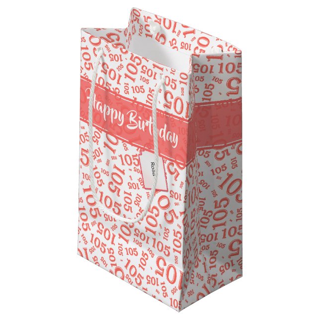 Happy Birthday Age 105 Number Pattern Coral/White Kleine Geschenktüte (Vorderseite Schrägansicht)