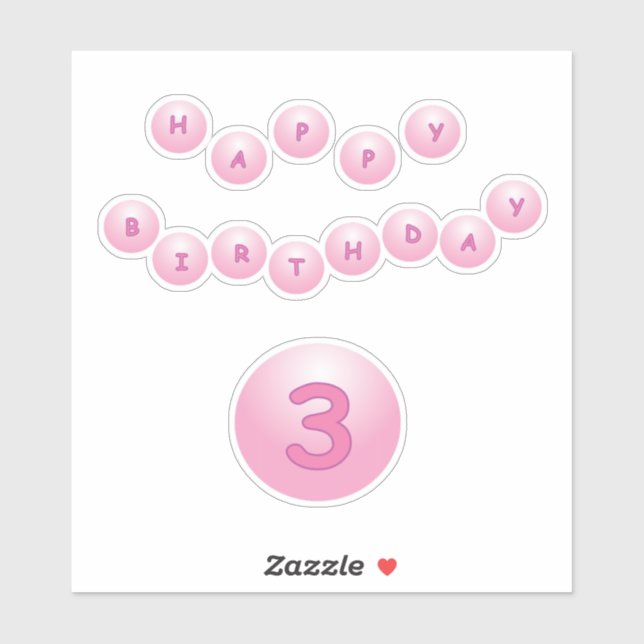 Happy Birthday Age 3 Pink Bouncy Balls Sticker (Blatt)