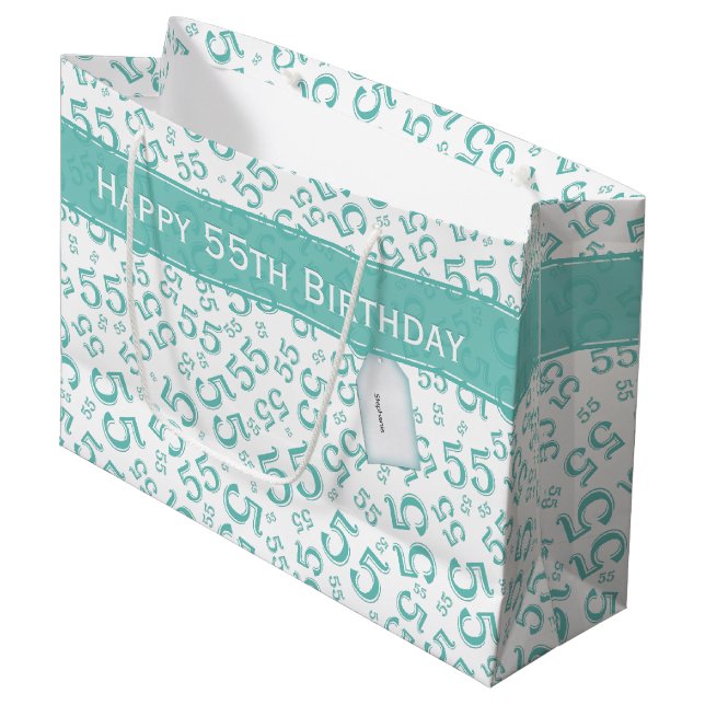 Happy Birthday Age 55 Number Pattern Aquamarin/wei Große Geschenktüte (Vorderseite Schrägansicht)