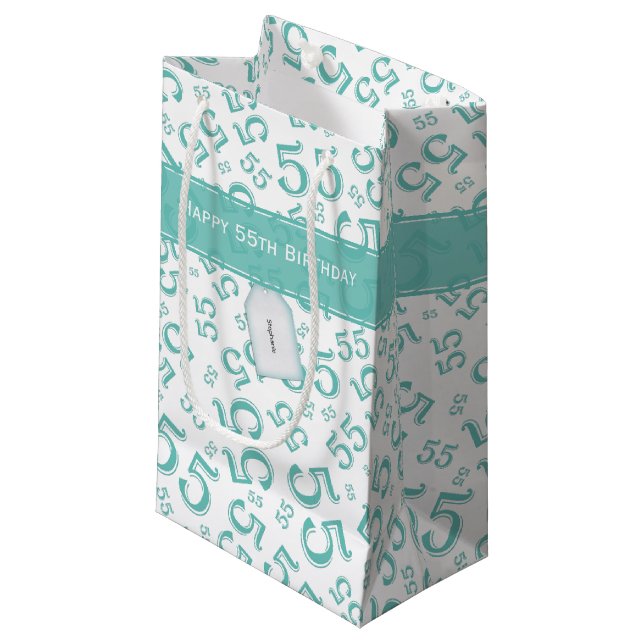 Happy Birthday Age 55 Number Pattern Aquamarin/wei Kleine Geschenktüte (Vorderseite Schrägansicht)