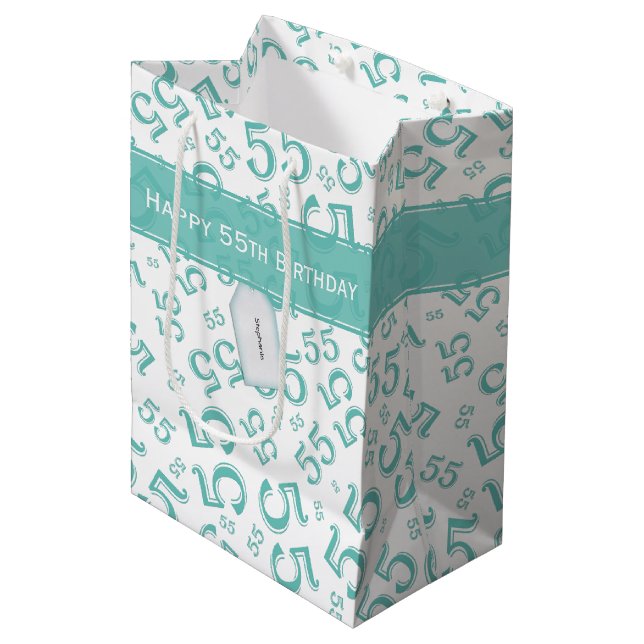 Happy Birthday Age 55 Number Pattern Aquamarin/wei Mittlere Geschenktüte (Vorderseite Schrägansicht)