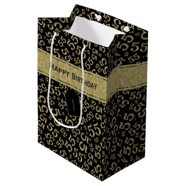 Happy Birthday Age 55 Number Pattern Black/Gold Mittlere Geschenktüte (Vorderseite Schrägansicht)