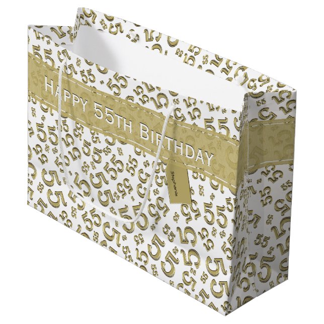 Happy Birthday Age 55 Number Pattern Gold/Weiß Große Geschenktüte (Vorderseite Schrägansicht)