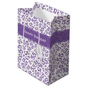 Happy Birthday Age 55 Number Pattern Lila/weiß Mittlere Geschenktüte