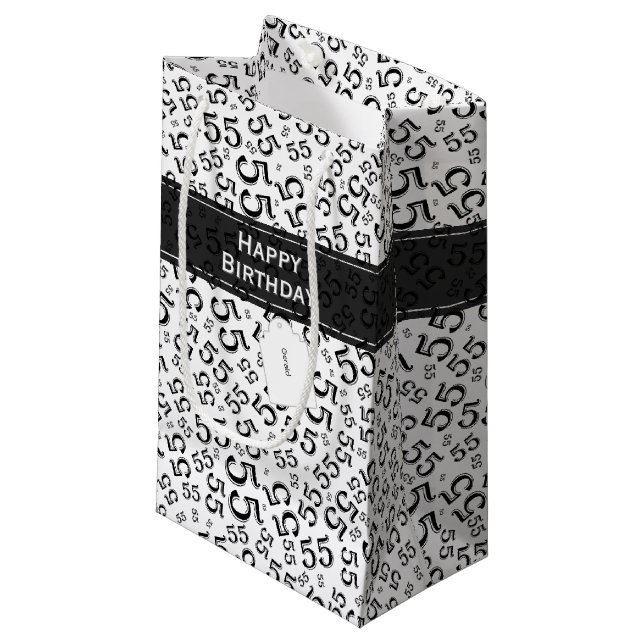 Happy Birthday Age 55 Number Pattern Schwarz/Weiß Kleine Geschenktüte (Vorderseite Schrägansicht)