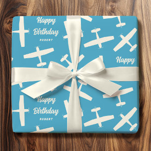 Happy Birthday Aircraft Retro Muster Name Blau Geschenkpapier