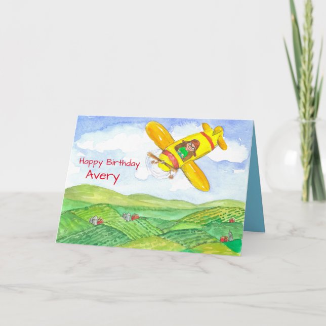 Happy Birthday Airplane Individuelle Name Karte (Vorderseite)