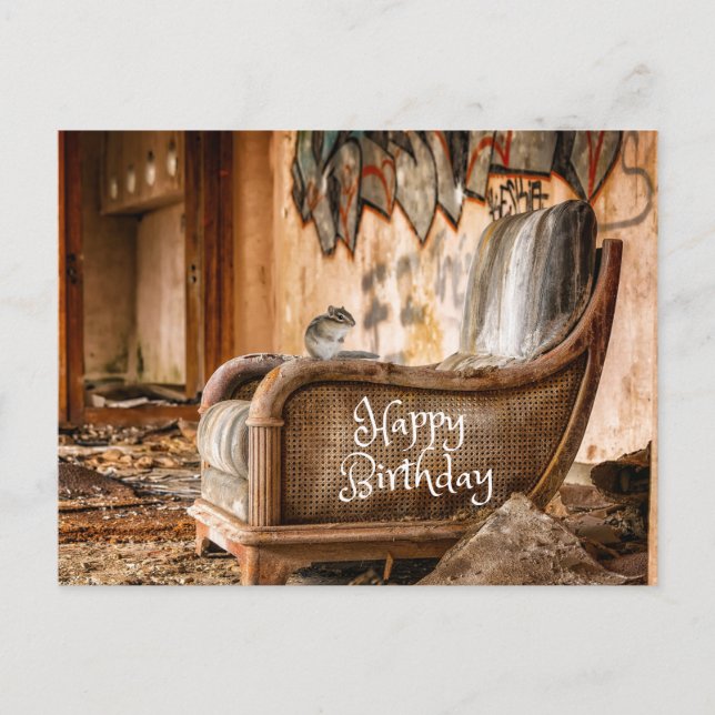 Happy Birthday Altes Vintages Stuhl und Chipmunk Postkarte (Vorderseite)