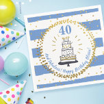 Happy Birthday Any Age Blue White and Gold Glitter Serviette<br><div class="desc">Celebrate the birthday girl with these fun and festive paper napkins featuring a hand drawn birthday cake, the birthday girl's year, name and custom text, surrounded by a faux gold glitter polka dot circle all set against a cornflower blue and white stripe background. Trendy, stylish and modern - perfect for...</div>