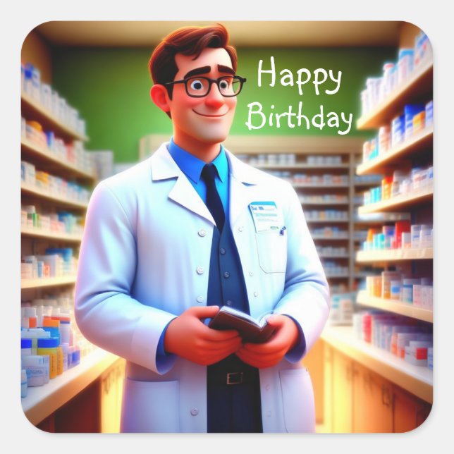 Happy Birthday Apotheker Quadratischer Aufkleber (Vorderseite)