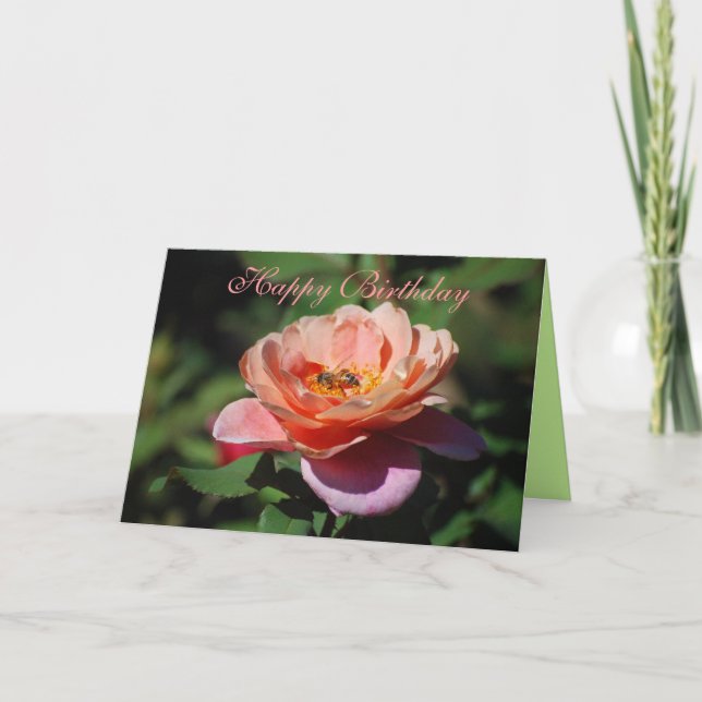 Happy Birthday Apricot & Lavender Rose Honeybee Karte (Vorderseite)