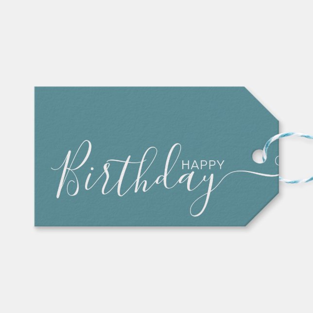 Happy Birthday Aquamarin Blue White Modern Geschenkanhänger (Vorderseite (Horizontal))