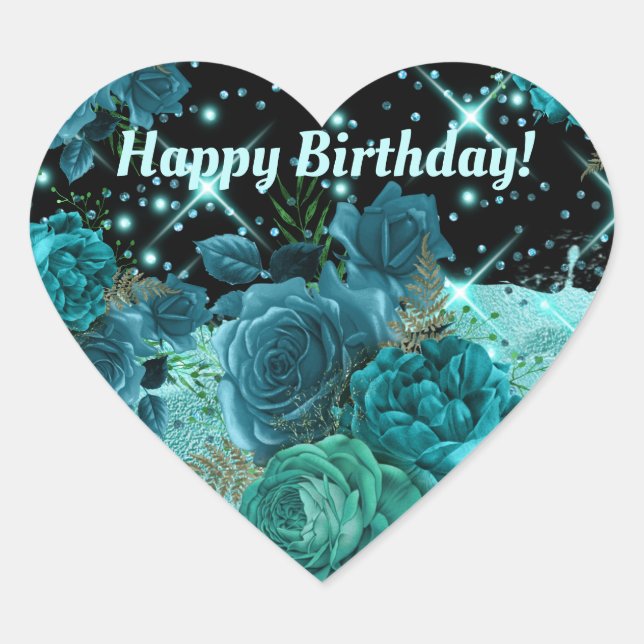 Happy Birthday | Aquamarine Rose mit Glitzer Aqua  Herz-Aufkleber (Vorderseite)