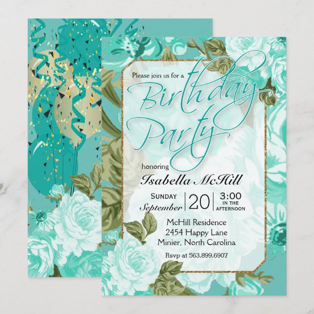 Happy BIrthday - Aquamarines Blumendesign Einladung (Vorne/Hinten)