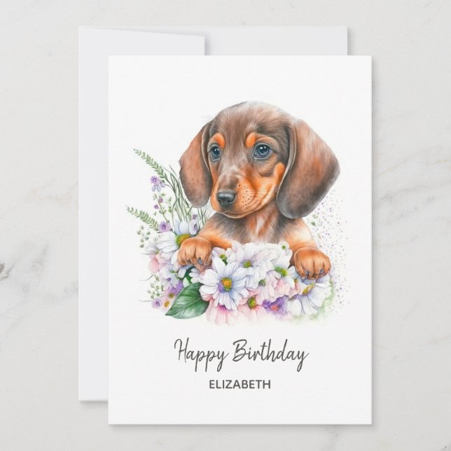 Happy Birthday | Aquarell-Dackel und Florals (Vorderseite)