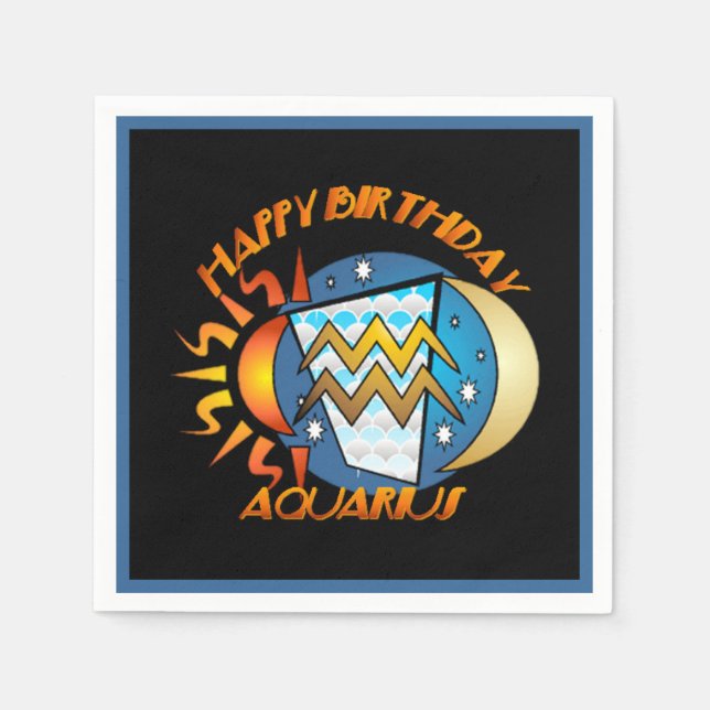 Happy Birthday Aquarius Zodiac Sign Party Napkins Serviette (Vorderseite)