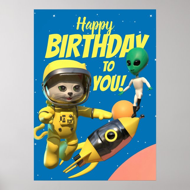 Happy Birthday Astronaut and Alien Fun Poster (Vorne)