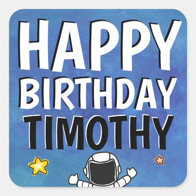 Happy Birthday Astronaut Outer Space Party Blau Quadratischer Aufkleber (Vorderseite)