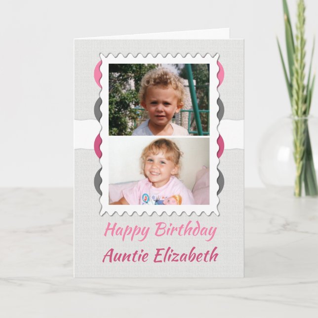 Happy Birthday Auntie grau und rosa Foto Karte (Vorderseite)