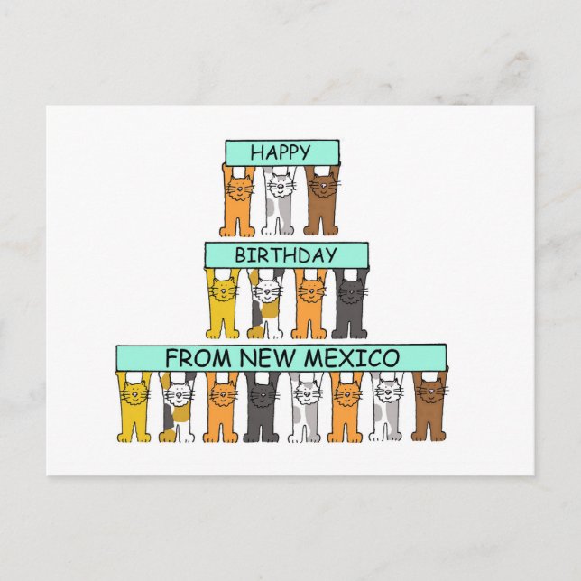 Happy Birthday aus New Mexico Cartoon Katzen Postkarte (Vorderseite)