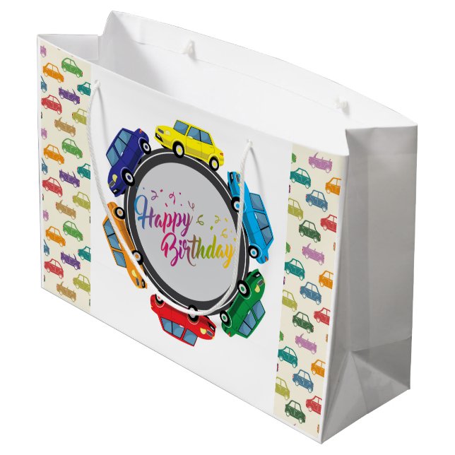 Happy Birthday Automobiles Große Geschenktüte (Rückseite Schrägansicht)