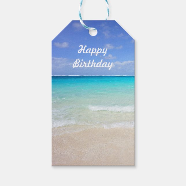 Happy Birthday Azure Blue Caribbean Tropical Beach Geschenkanhänger (Vorderseite)