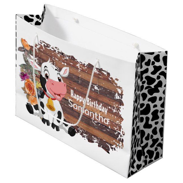 Happy Birthday Baby Cow Rustic Brown Große Geschenktüte (Vorderseite Schrägansicht)