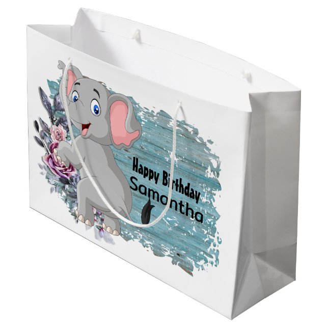 Happy Birthday Baby Elephant Rustic Blue Große Geschenktüte (Rückseite Schrägansicht)