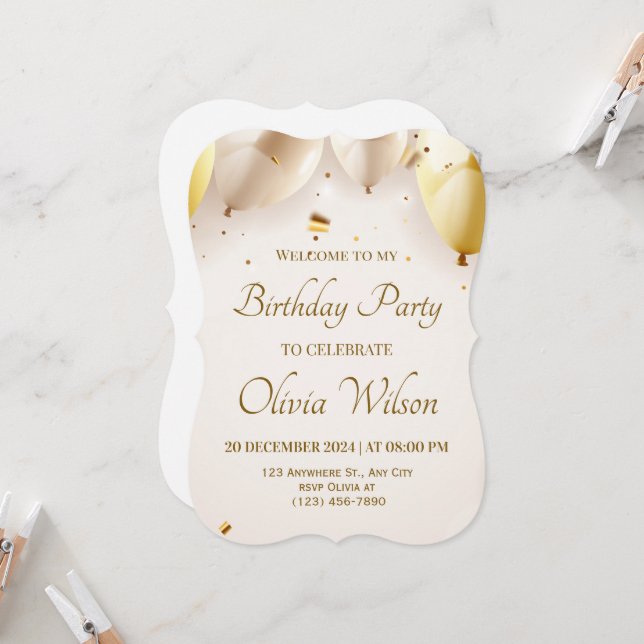 Happy Birthday Balloon Invite – Bright & Cheerful Einladung (Vorderseite/Rückseite Beispiel)