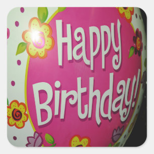 Happy Birthday Balloon w/ Flowers, Balloon Design Quadratischer Aufkleber