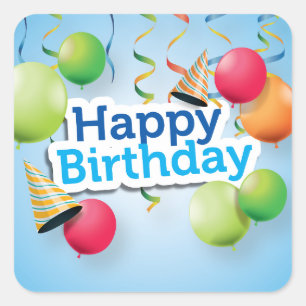 Happy Birthday Balloons and Hats Quadratischer Aufkleber