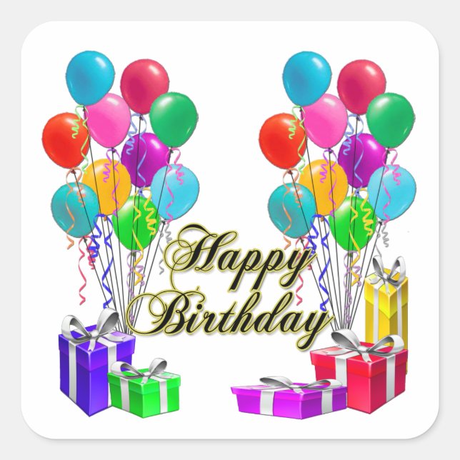 Happy Birthday Balloons and Presents Quadratischer Aufkleber (Vorderseite)