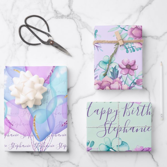 "Happy Birthday" Balloons Floral Lila Lavender Geschenkpapier Set (Vorderseite)