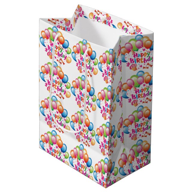 Happy Birthday Balloons Medium Gift Bag Mittlere Geschenktüte (Vorderseite Schrägansicht)