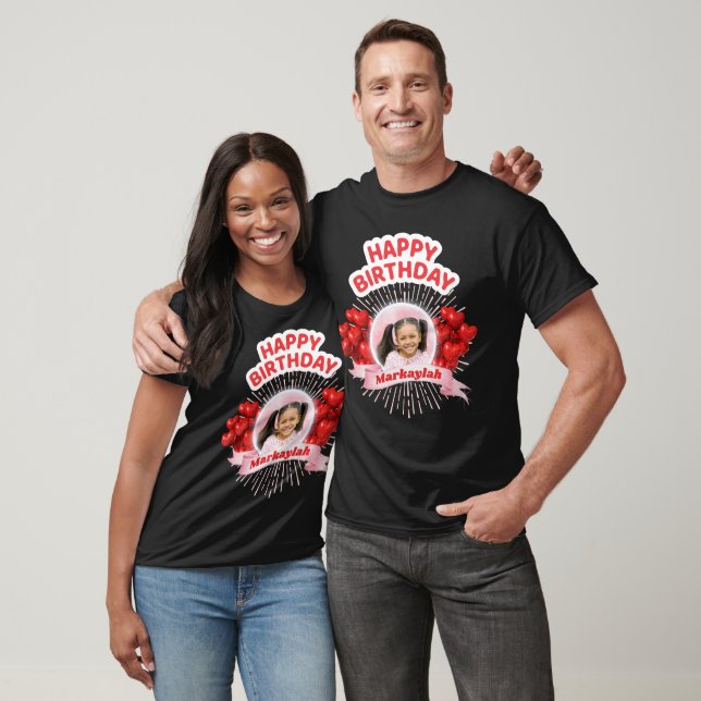 Happy Birthday Balloons Pink & Red Foto T-Shirt (Unisex)